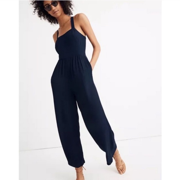 Madewell Pants - Madewell Navy Blue Smocked Button-Front Crop Jumpsuit
